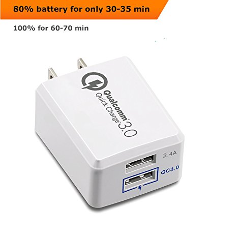 USB Wall Charger Quick Charge 3.0, Dual Port, QC 2.4A Qualcomm, Fast for Travel