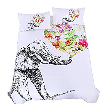 SleepWish Elephant Bedding Colorful Floral Bed Sheet Set White and Black Duvet Cover Printed Bedclothes Twin Size