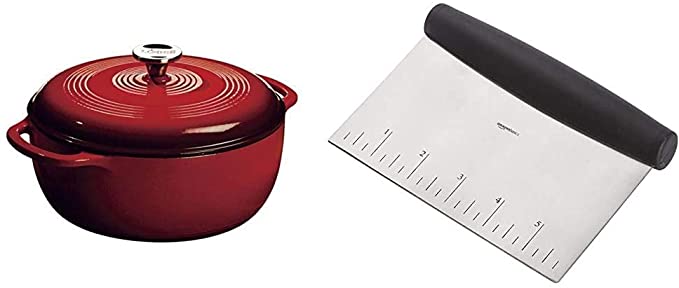 Lodge Enameled Cast Iron Dutch Oven With Stainless Steel Knob and Loop Handles, 6 Quart, Red & AmazonBasics Stainless Steel Bowl Scraper/Chopper