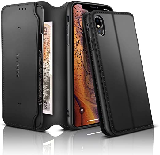 REALIKE for iPhone X iPhone Xs Wallet Case Leather Flip Case with Card Holder For iPhone Xs iPhone X and Kickstand Magnetic Closure in Shockproof Protection for Men and Women-Black