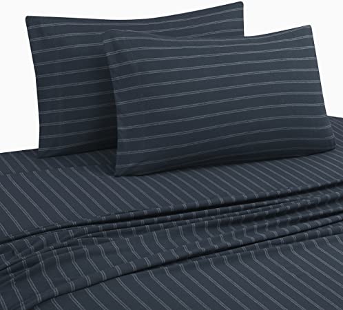 DELANNA Jersey Knit Sheet Set Soft Breathable T-Shirt Weave (Navy Stripe, Queen)