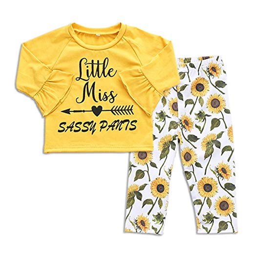 Toddler Baby Girls Sunflower Print Ruffle Tops Pants Little Miss Clothes Set Outfit