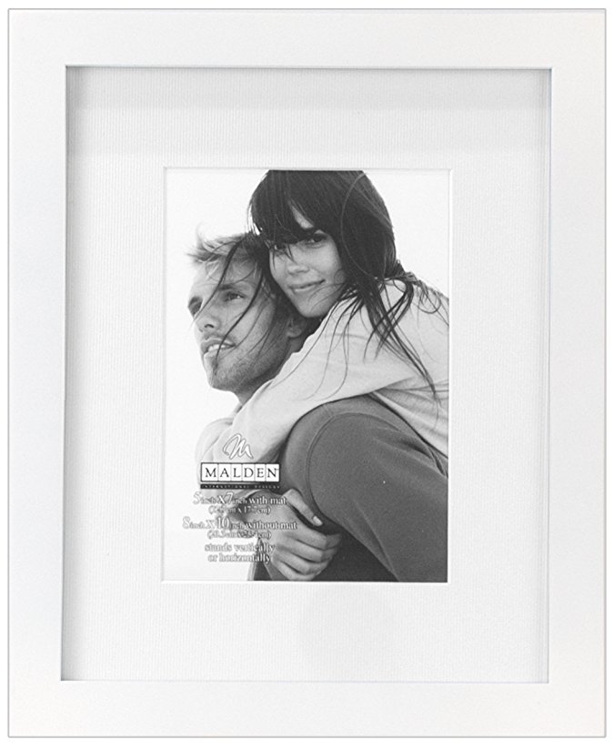 Malden International Designs Matted Linear Classic Wood Picture Frame, White ( 5x7-Inches  )