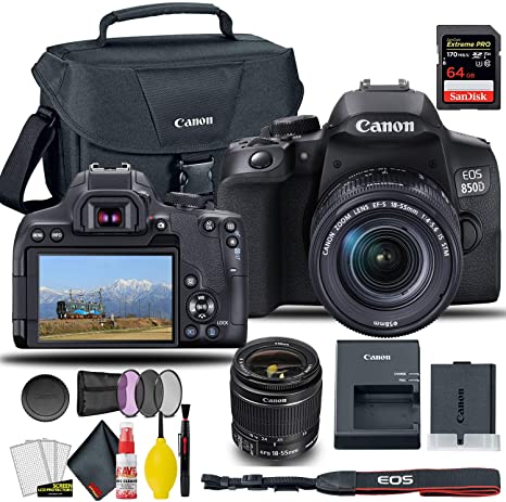 Canon EOS 850D / Rebel T8i DSLR Camera with 18-55mm Lens (Black)   Creative Filter Set, EOS Camera Bag   Sandisk Extreme Pro 64GB Card   Electronics Cleaning Set, and More (International Model)