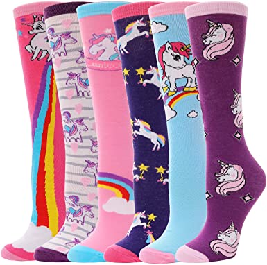 Girls Knee High Funny Socks Crazy Fun Animal Tall Boot Long Novelty Unicorn Socks for Kids Child 6 Pack