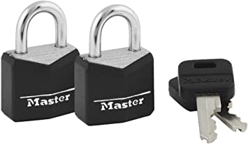 Master Lock 121T Solid Brass Keyed Alike Padlock, Black Cover, 7/16-Inch Shackle, 2-Pack