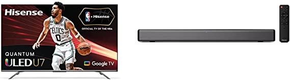 Hisense ULED Premium U7H QLED Series 65-inch Class Quantum Dot Google 4K Smart TV & HS214 2.1ch Sound Bar, 108W, All-in-one Compact Design, Powered, Roku TV Ready, 3 EQ Modes, Black