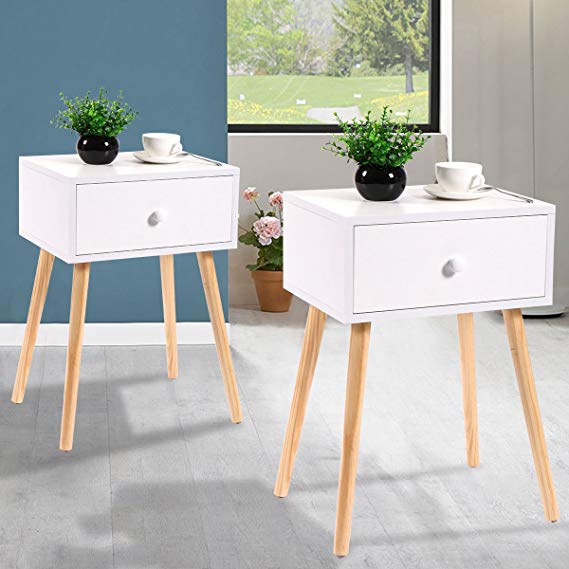 JAXPETY Set of 2 Bedside Table Solid Wood Legs Nightstand with White Storage Drawer (White)