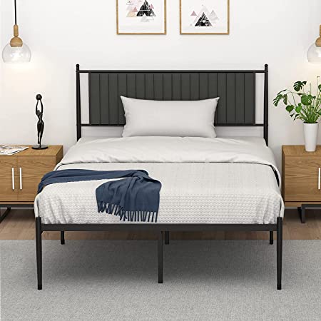 Metal Platform Bed Frame with Headboard, IDEALHOUSE Bed Frame Mattress Foundation with Slat Support and 12.3" Storage Height No Box Spring Needed for Girl Boy Adults Black (Queen)