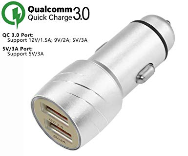 Car Charger QC3.0 CACACOL Quick Charge 3.0 Dual USB Car Charger Port Support 12V/1.5A;9V/2A;5V/3A Auto Switch Both Working Suit 12V/24V Car Cigarette Lighter (Source Factory, Silver)