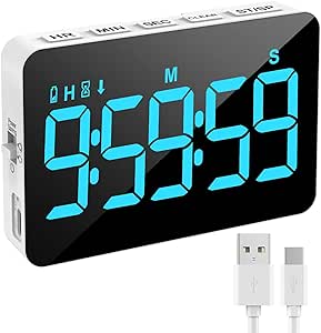 XREXS Minuteur de Cuisine Rechargeable, Compte à Rebours Chronomètre Kitchen Timer pour Cuisine Réunion Classe, Minuteur Aimanté Numérique Affichage LED, 3 Luminosité et 4 Volumes Réglables