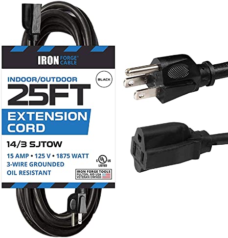 25 Ft Black Oil Resistant Extension Cord for Farms and Ranches - 14/3 SJTOW Heavy Duty Cable with 3 Prong Grounded Plug for Safety