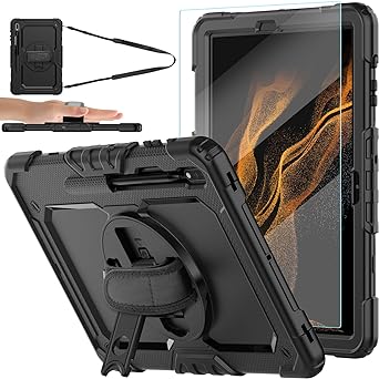 Case for Samsung Galaxy Tab S8 Plus/ S7 FE 5G 12.4'' with Tempered Glass Screen Protector Pencil Holder 360 Rotating Hand Strap&Stand,BLOSOMEET Tablet Case for Galaxy Tab S8 Plus/S7 Plus,Black