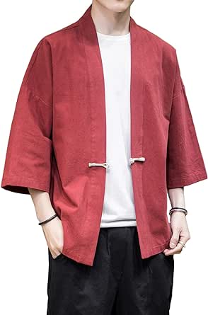 PRIJOUHE Men's Kimono Jackets Cardigan Casual Cotton Blends Linen Seven Sleeve Open Front Embroidery Coat