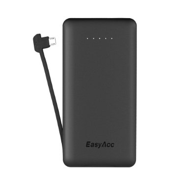 EasyAcc 6000mAh Ultra-Slim External Battery Smart Output Power Bank Portable Charger with Built-in Micro USB Cable for Smartphone - Black