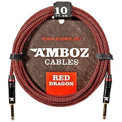 Red Dragon Guitar Cable - Sturdy & Durable Instrument Cable For Electric & Bass Guitar Players - Super Noiseless, Used By Amateurs & Pros Alike - 10 FT - Straight Gold Plugs - Get Ready To Rock!