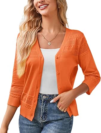 GRACE KARIN Women's 2024 Cropped Cardigan 3/4 Sleeve Lightweight Crochet Shrug Hollowed-Out Knit Sweater Tops