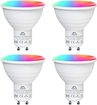 MoKo Smart WiFi LED Light Bulb, 4PACK 5W GU10 Dimmable Bulb RGB   Cool Light   Warm Light Work with Alexa Echo,Google Home, Voice/APP Control, Timer, No Hub Only Supports 2.4GHz Network, White