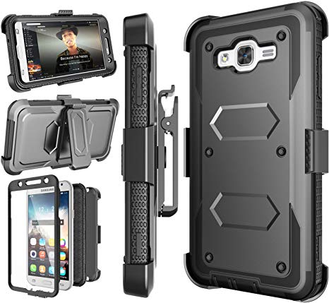 Njjex J7 2015 Case, for Galaxy J7 Belt Case, [Nbeck] Heavy Duty Built-in Screen Protector Rugged Holster Locking Belt Clip Case Cover Shell & Kickstand for Samsung Galaxy J7 2015 SM-J7008 [Black]