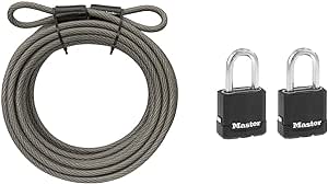 Master Lock Steel Bike Lock Cable (30 ft.) and Magnum Heavy Duty Outdoor Padlock with Key (2 Pack Keyed-Alike, Covered)