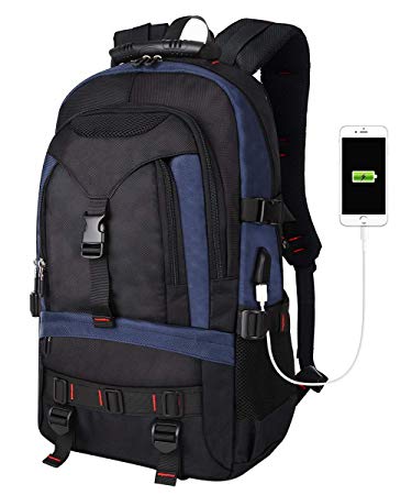 Large Men Laptop Backpack with USB Charging Port 17-Inch Anti Theft Travel Bag School Rucksack Bookbag for Women College Bag with Lock Blue