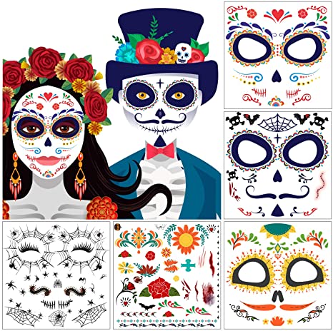 WAVEJOE 10 Packs Day of the Death Halloween Temporary Face Tattoos, Families Sugar Skull Black Skeleton Web Full Face Mask Tattoos for Party Favor Supplies