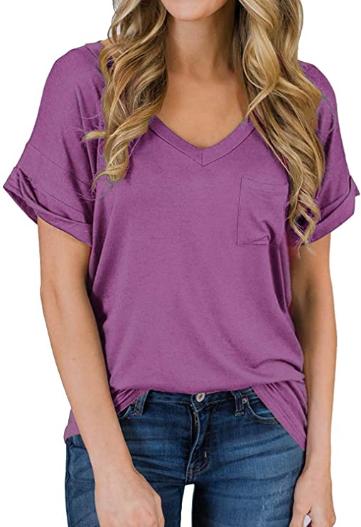 Bloggerlove Women's T-Shirts V Neck Basic Tee Loose Fitting Casual Short Sleeve Tops S-XXL