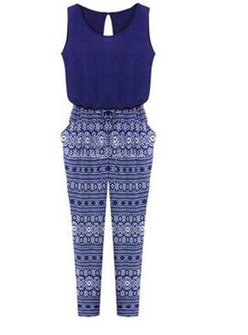 Women's Sleeveless O-neck Stitching Print Long Rompers Jumpsuit