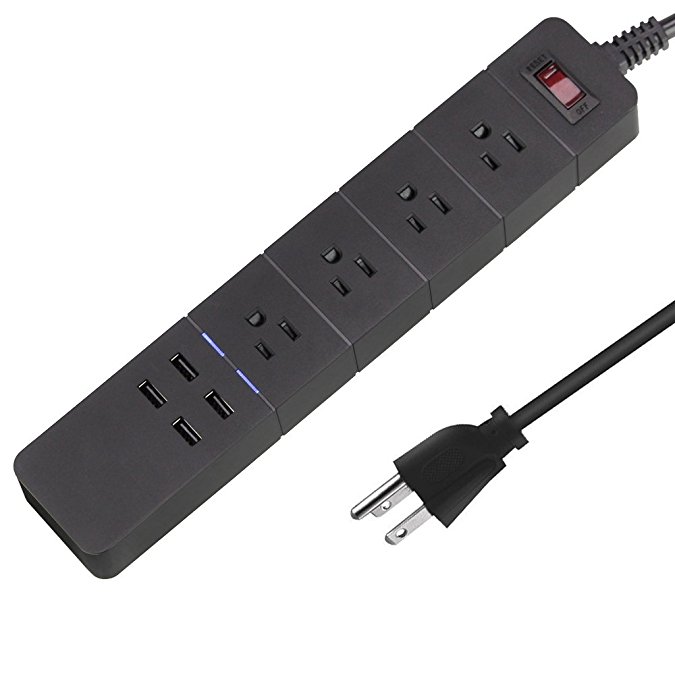 Topbatt Power Strip Surge Protector 1700 Joule with Switch 4 Outlets 4 Smart USB Ports and 6ft Long Extension Power Cord for Cable TV Personal Desk Home Office (Black)