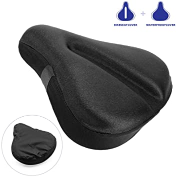 Large Soft bike Seat Cushion, Wide Gel Soft Pad Exercise Bike Seat Cover, Wide Foam bicycle Seat Cushion, Fits Cruiser, Stationary Bikes, Outdoor Indoor Cycling (With Waterproof Bike Saddle Cover)