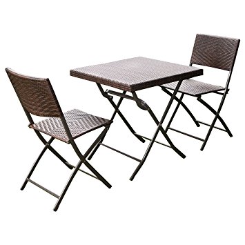Giantex 3 PC Outdoor Folding Table Chair Furniture Set Rattan Wicker Bistro Patio Brown