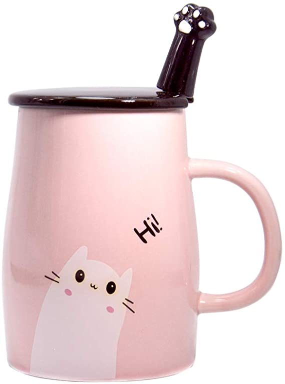 Binoster Cute Cat Mug Ceramic Coffee cup with Kitty Stainless Steel Spoon,Hi~ Novelty Coffee Mug Gift for Cat Lovers Pink (Pink)