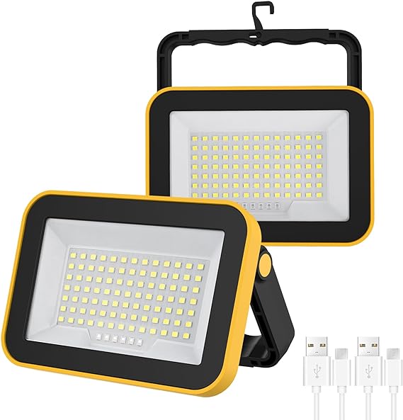 T-SUN Rechargeable LED Work Lights, Portable LED FLood Lights, Waterproof Super Bright Battery Powered Job Site Lighting, 5 Modes Work Lights for Outdoor Camping Hiking Car Repairing Emergency(2 Pack)