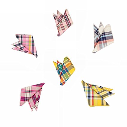 Hello Tie Men's Grid Cotton Pocket Squares Handkerchiefs 6pcs/set