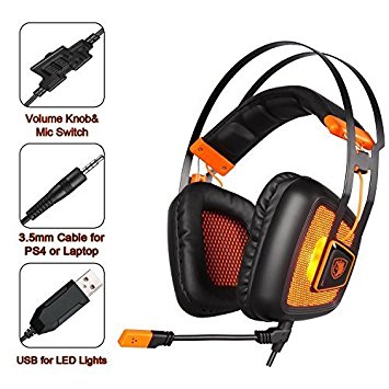 GW SADES SA809 PS4 PlayStation 4 Stereo Gaming Headset Headphones, Over Ear with Mic Volume Control LED Light for Xbox One/PC/Mac/Smartphone/Laptop/Computer(Black&Orange)