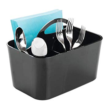 mDesign Plastic Cutlery Storage Organizer Caddy Bin - Tote with Handle - Kitchen Cabinet or Pantry - Basket Organizer for Forks, Knives, Spoons, Napkins - Indoor or Outdoor Use - Black