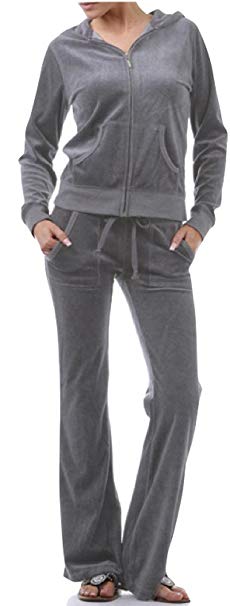 ToBeInStyle Women's Regular Drawstring Pants w/ Hoodie Sweatshirt Velour Set - Large / Size: 6-8 - Gray