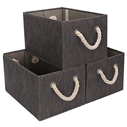 StorageWorks Polyester Storage Box with Strong Cotton Rope Handle, Foldable Basket Organizer Bin, Dark Brown, Bamboo Style, Large, 3-Pack