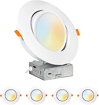 [4-Pack] PROCURU 6-Inch Gimbal Adjustable LED 2700K-6000K Color Selectable, Ultra-Thin Recessed Ceiling Downlight with J-Box, Dimmable, Air-Tight, IC Rated, ETL Certified