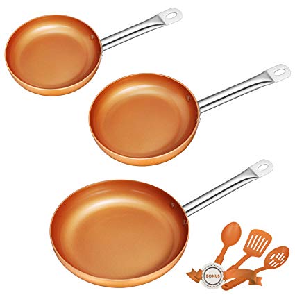 DEIK Frying Pan Set, Non Stick Fry Pan set, Induction frying pan set with 8 inch Omelette pan, Saute Pan 9.5 inch, Chef Pan 11 inch, coated with Double layer pan Set 3 Pack with 3 Spatula and Spoon