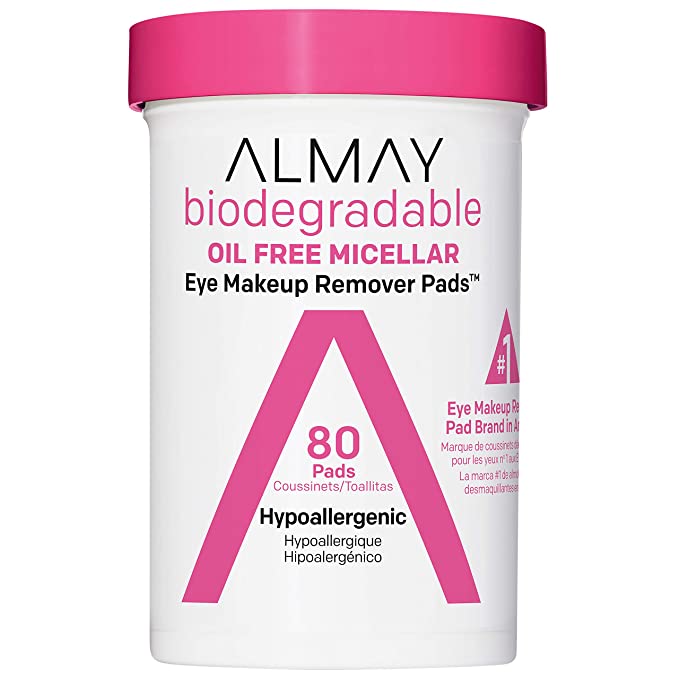 Almay Biodegradable Oil Free Micellar Eye Makeup Remover Pads, Hypoallergenic, Cruelty Free, Fragrance Free Cleansing Wipes, 80 count