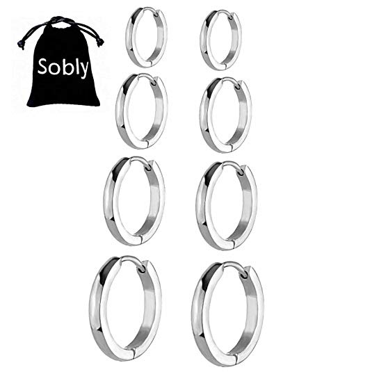 Sobly Unisex Small Stainless Steel Clip On Huggie Hinged Hoop Earrings Tiny Body Piercing 4 Pairs a Set,Hypoallergenic