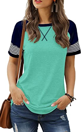 Sieanear Womens T Shirts Short Sleeve Striped Color Block Leopard Casual Tops