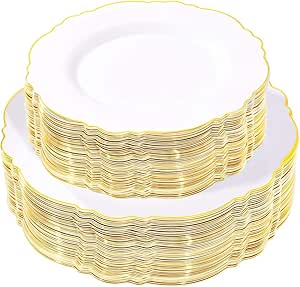 WDF 100pcs Gold Plastic Plates -Baroque White &Gold Disposable Plates for Upscale Parties &Wedding-including 50Plastic Dinner Plates 10.25inch,50Salad Plates 7.5inch