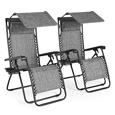 VonHaus Set of 2 Textoline Zero Gravity Chairs with Canopy - Outdoor Lounger Shade Chair with Drinks Holder