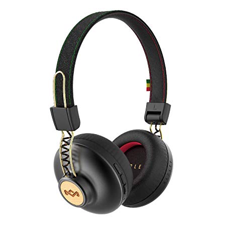 House of Marley, Positive Vibration 2 Wireless Headphones | Noise Isolating, in-Line 1-Button Mic on Cable, Removable Tangle-Free Cable, Long Battery Life, Foldable On-Ear Design | Rasta