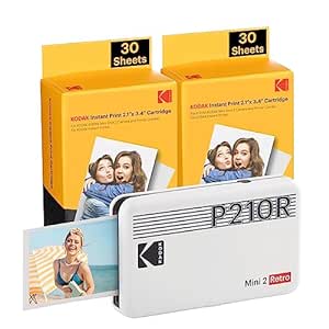 KODAK Mini 2 Retro 4PASS Portable Photo Printer (2.1x3.4 inches)   68 Sheets Bundle, White