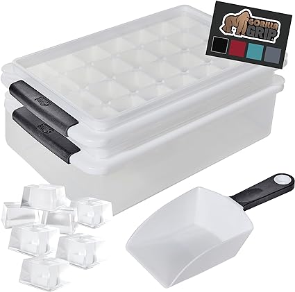 Gorilla Grip Stackable Ice Cube Tray and Bin Set, Includes 2 Trays with Lids, Scooper, Easy Release, Make 56 Cubes for Cocktail Soda Coffee, Leak Proof Freezer Bucket Container, Kitchen Gadgets, Black