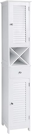 VASAGLE BBC69WT Bathroom Cabinet Tall Cabinet with 2 Slat Doors Storage Cabinet with Drawer Removable X-Shaped Shelf 32 x 30 x 170 cm Scandinavian Style White