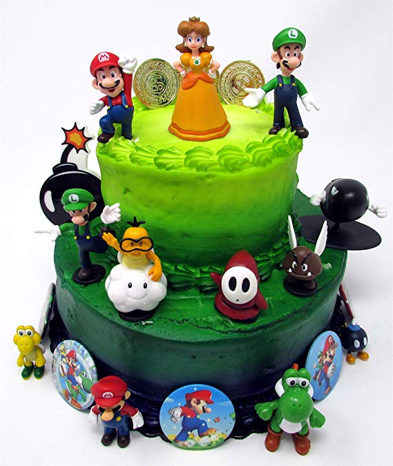 Mario Brothers Birthday Party 22 Piece Mario Birthday Cake Topper Featuring Mario, Luigi, Bullet, Toad, Mushroom, Goomba, Koopa, Shy, Bomb, Lakitu Spiny, Mario Coins, Large Bomb, and 6 Mario 1" Decorative Buttons